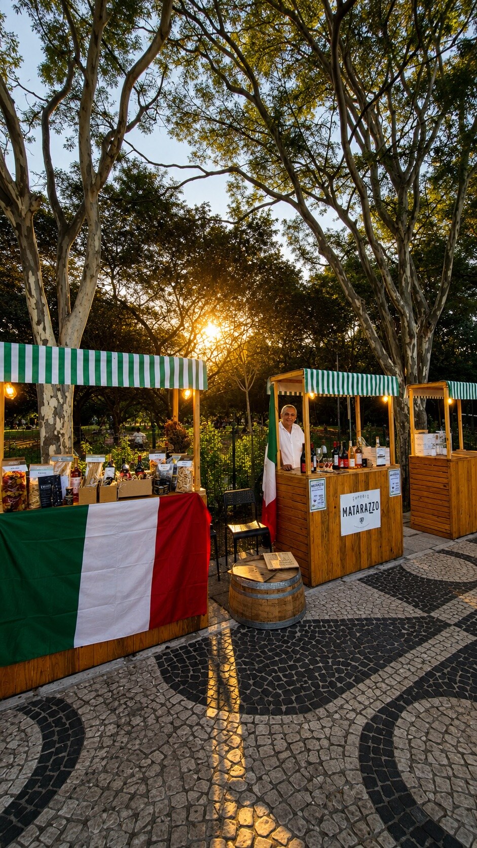 Estandes iluminados ao fim da tarde com produtos expostos